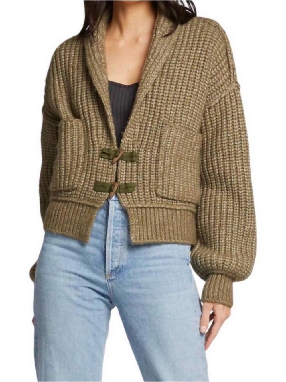 Saltwater LUXE Cain chunky knit cardigan sweater in olive LARGE
